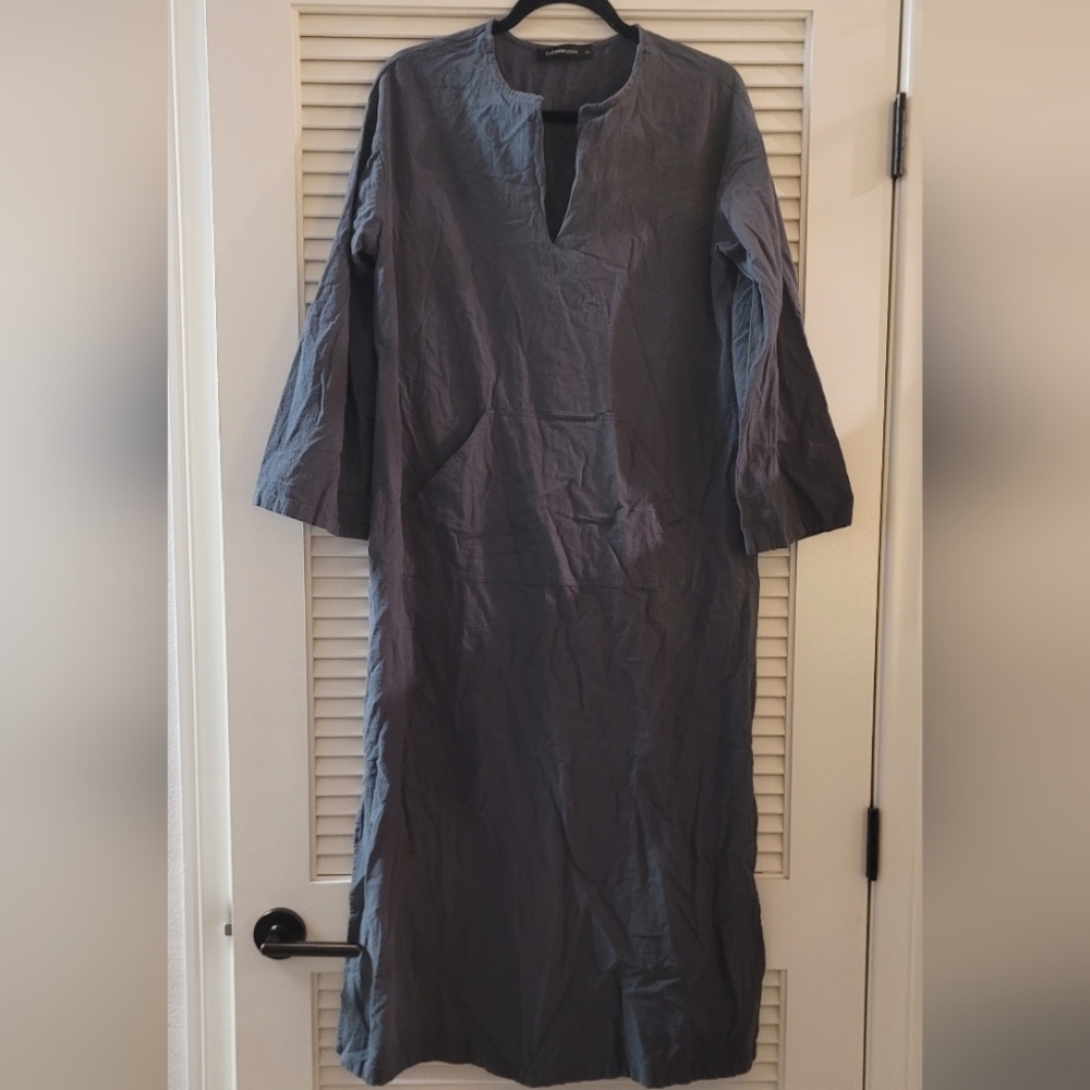 Celmia Collection - (Plus-Size) Greyish Blue 100% Cotton Dress With Front Pocket